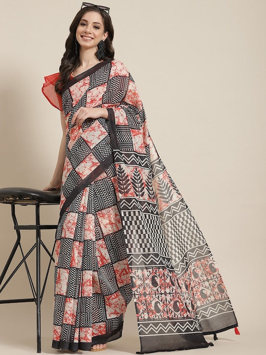 Black And Red Festive Wear Printed Pure Linen Saree