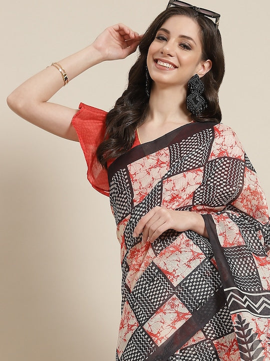 Black And Red Festive Wear Printed Pure Linen Saree