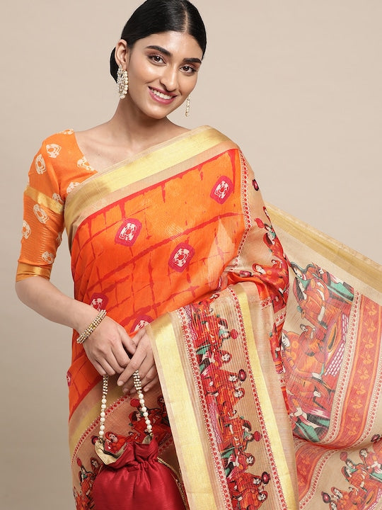 Orange Festive Wear Printed Pure Linen Saree