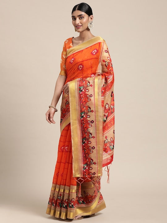 Orange Festive Wear Printed Pure Linen Saree