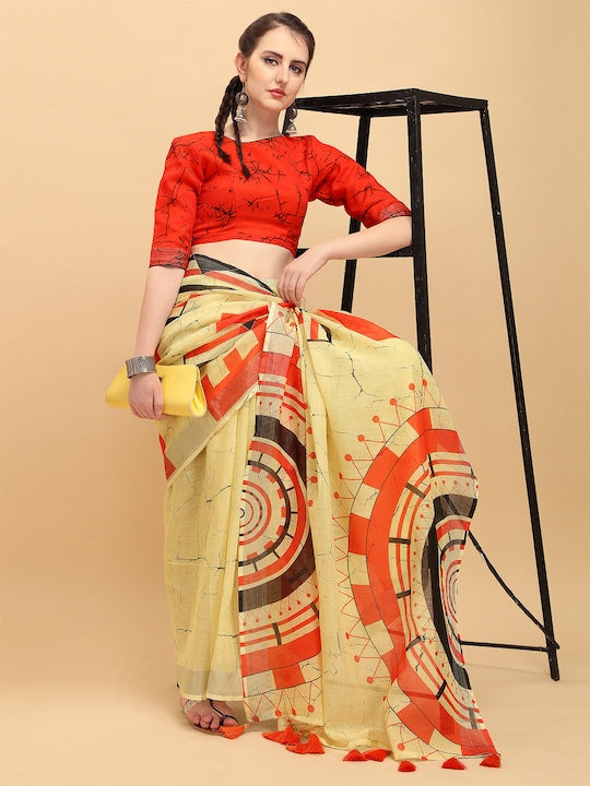 Light Yellow Festive Wear Printed Pure Linen Saree