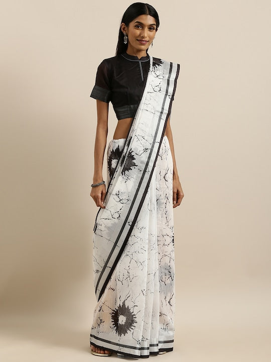 White Festive Wear Printed Pure Linen Saree