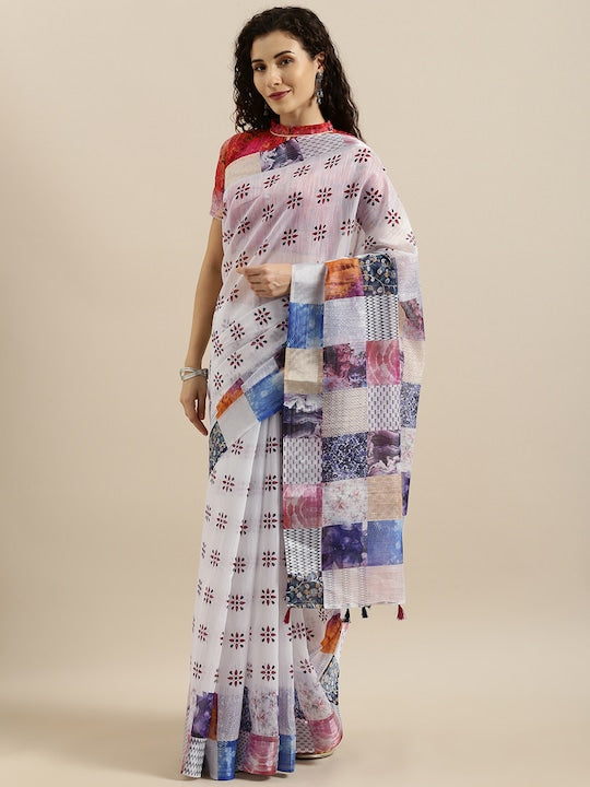 White Festive Wear Printed Pure Linen Saree