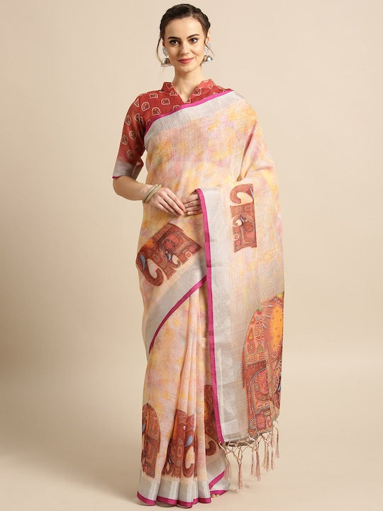 Light Orange Festive Wear Printed Pure Linen Saree