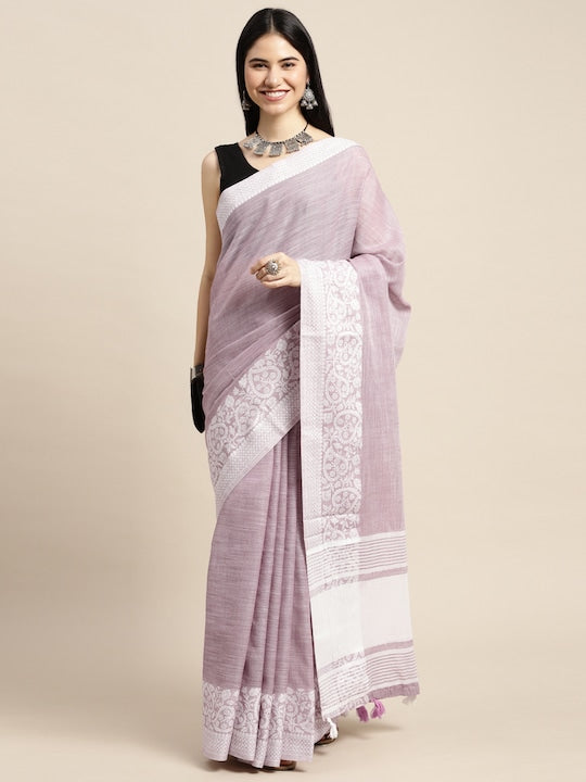 Light Purple Color Casual Wear Pure Linen Saree , With Blouse Piece