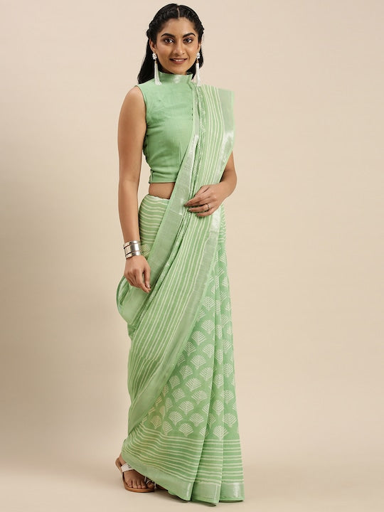 Light Green Color Casual Wear Pure Linen Saree , With Blouse Piece