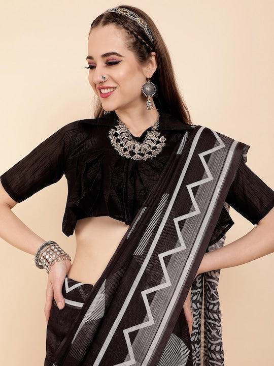 Black Color Casual Wear Pure Linen Saree , With Blouse Piece