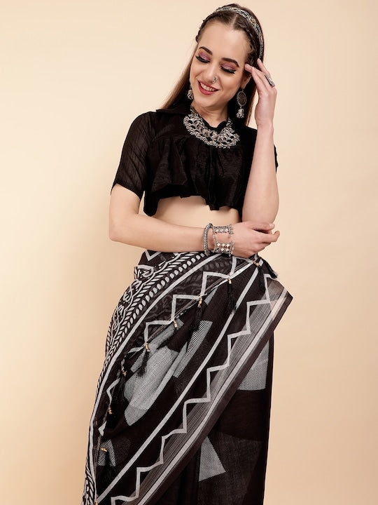 Black Color Casual Wear Pure Linen Saree , With Blouse Piece