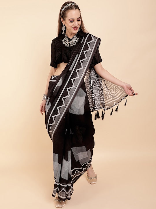 Black Color Casual Wear Pure Linen Saree , With Blouse Piece