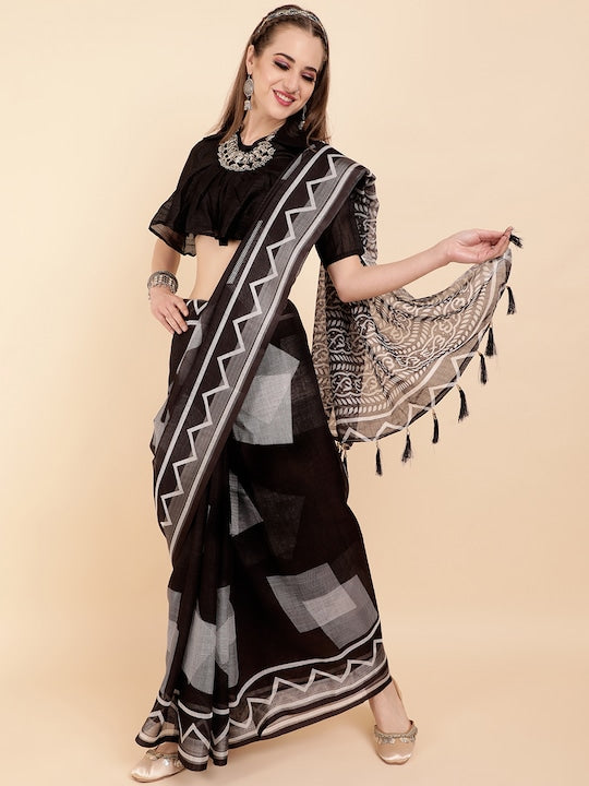 Black Color Casual Wear Pure Linen Saree , With Blouse Piece