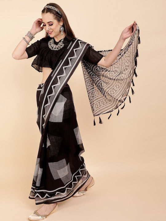 Black Color Casual Wear Pure Linen Saree , With Blouse Piece