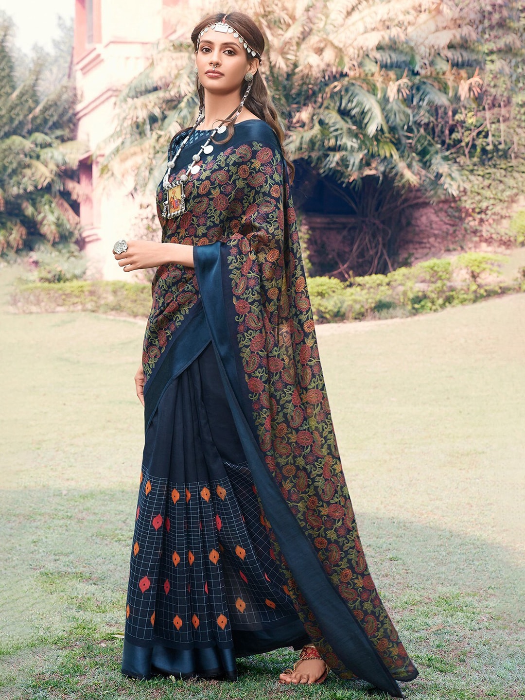 Navy Blue Color Casual Wear Pure Linen Saree , With Blouse Piece