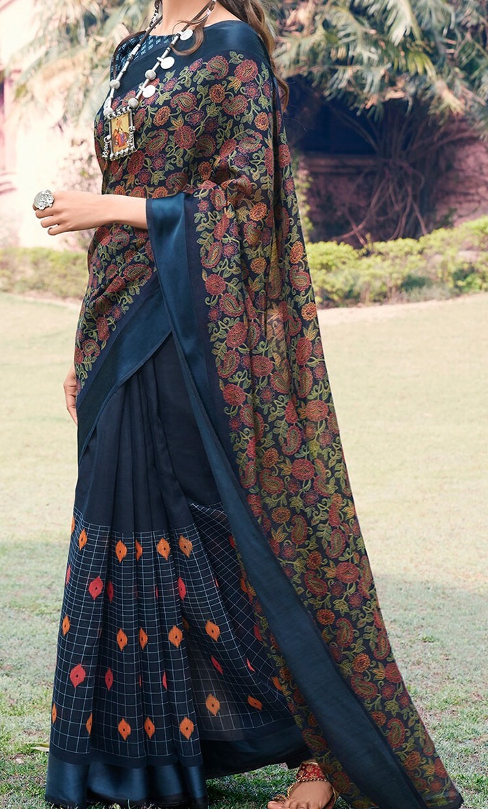 Navy Blue Color Casual Wear Pure Linen Saree , With Blouse Piece