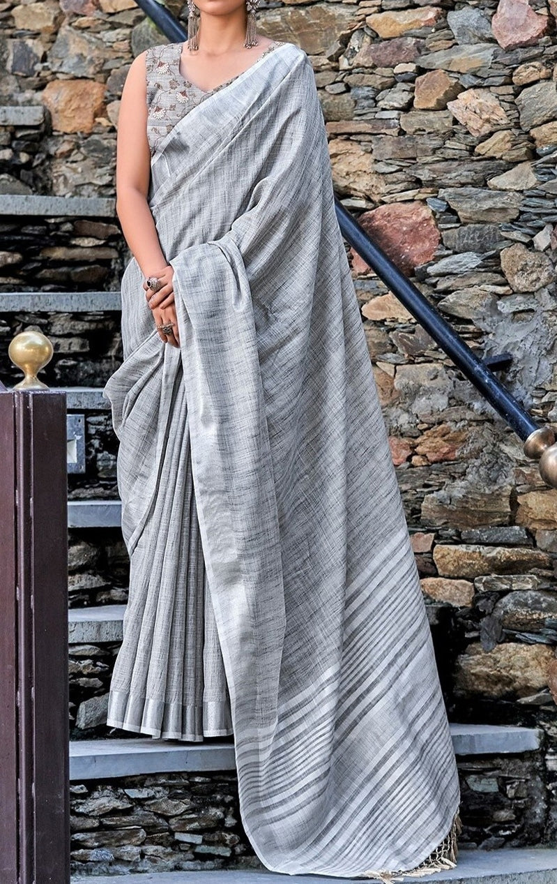 Grey Color Casual Wear Pure Linen Saree , With Blouse Piece