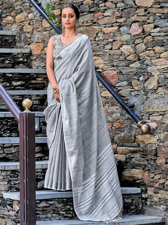 Grey Color Casual Wear Pure Linen Saree , With Blouse Piece