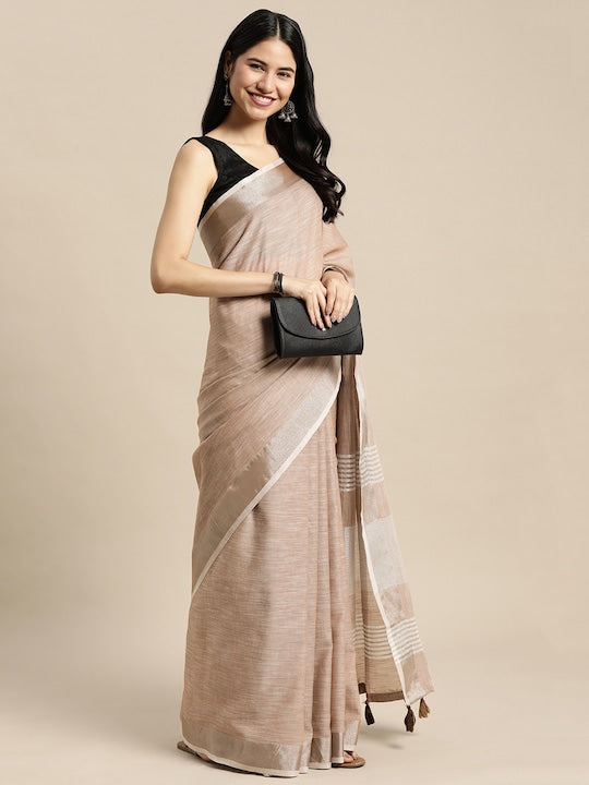 Tan Color Casual Wear Pure Linen Saree , With Blouse Piece