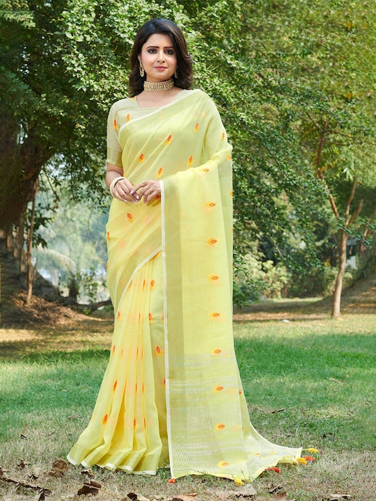 Fantastic Light yellow Color Casual Wear Pure Linen Saree