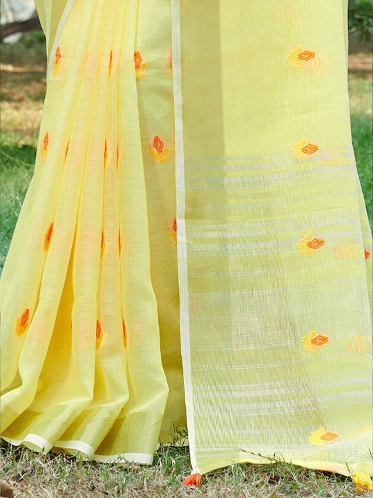 Fantastic Light yellow Color Casual Wear Pure Linen Saree