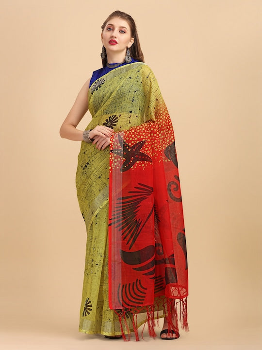 Energetic Light Green And Red Colored Casual Printed-Woven Linen Saree With Blouse Piece