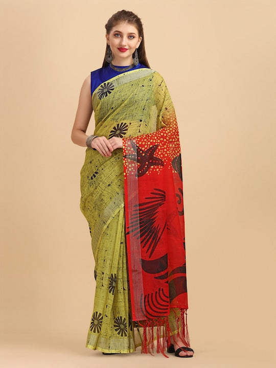 Energetic Light Green And Red Colored Casual Printed-Woven Linen Saree With Blouse Piece