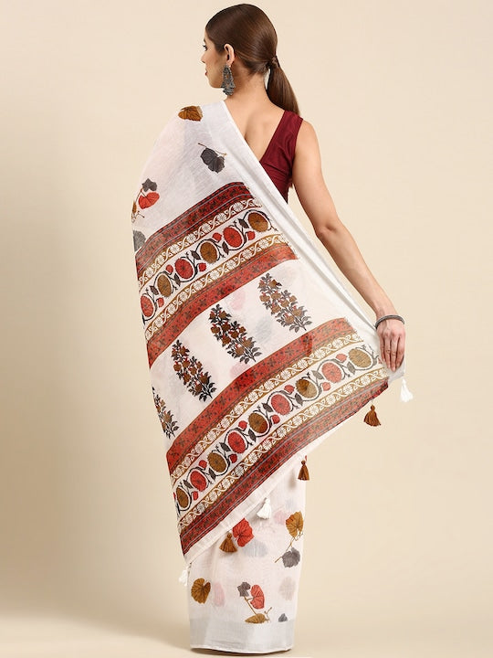 Pleasant White Colored Casual Printed Pure Linen Saree