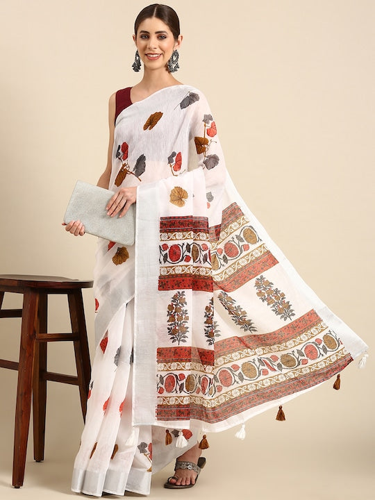 Pleasant White Colored Casual Printed Pure Linen Saree