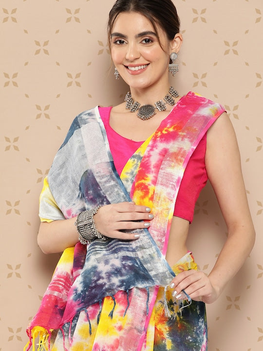 Multicolor Casual Wear Fancy Printed Linen Saree