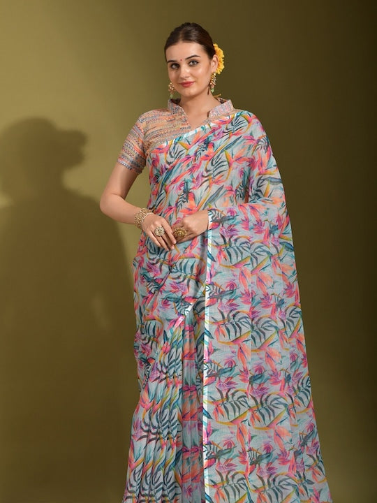 Hypnotic Light Blue Colored Casual Printed Linen Saree