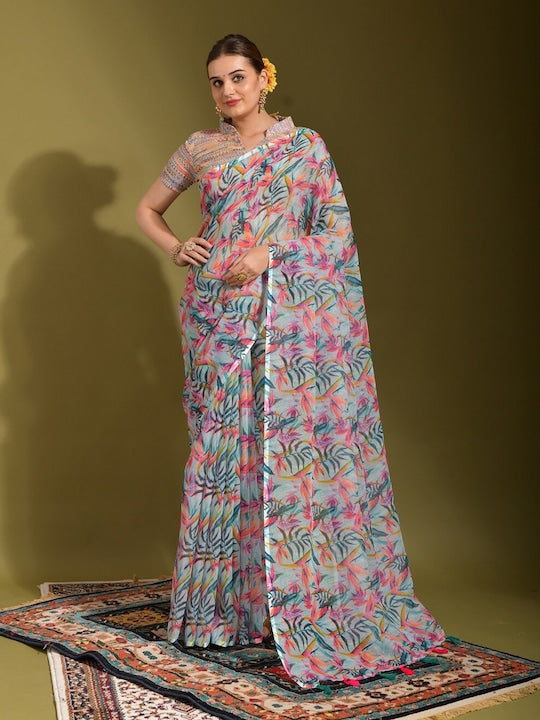 Hypnotic Light Blue Colored Casual Printed Linen Saree