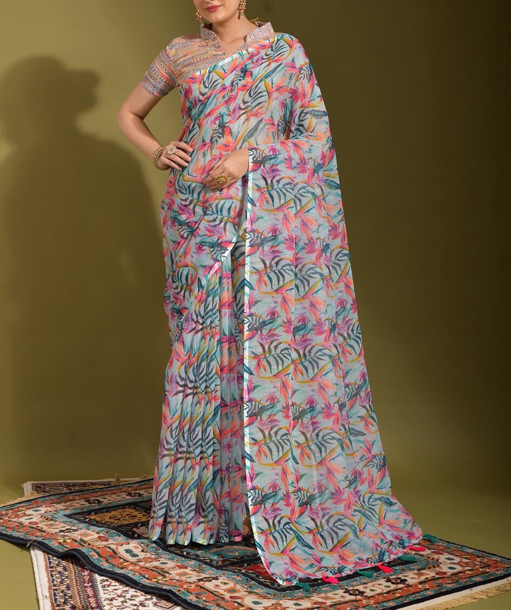 Hypnotic Light Blue Colored Casual Printed Linen Saree