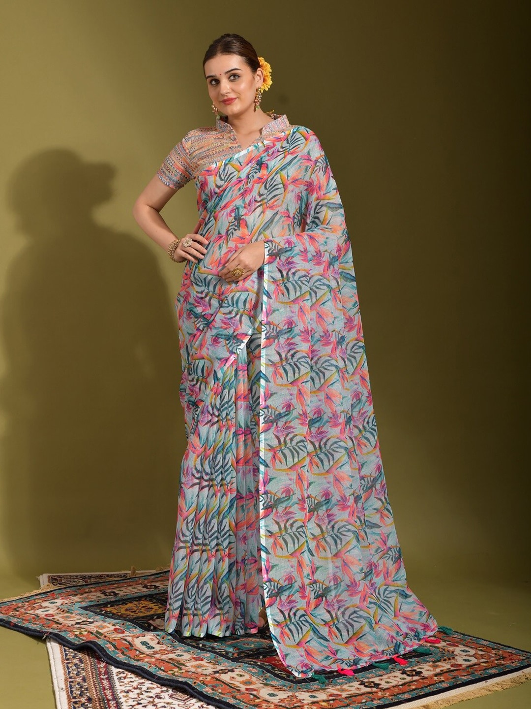 Hypnotic Light Blue Colored Casual Printed Linen Saree