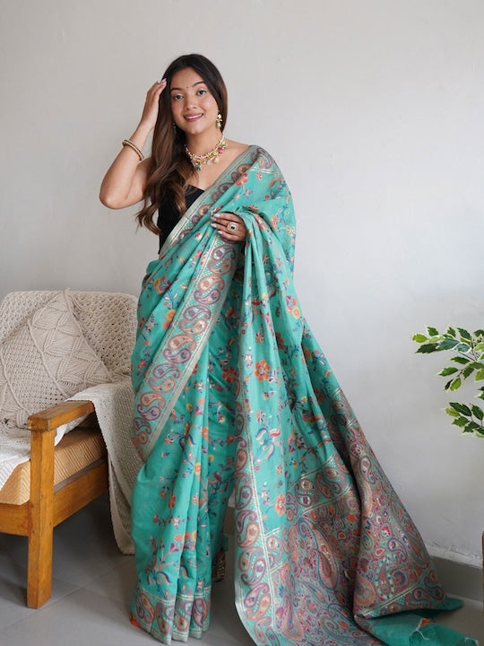 Radiant Rama Colored Festive Wear Woven Pure Linen Saree