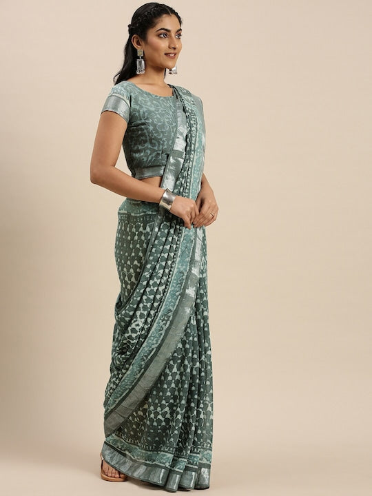 Groovy Grey Colored Wear Print Pure Linen Saree