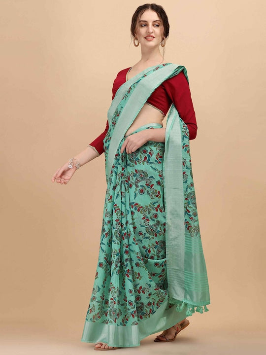 Engrossing Mint Green Colored Printed Linen Saree