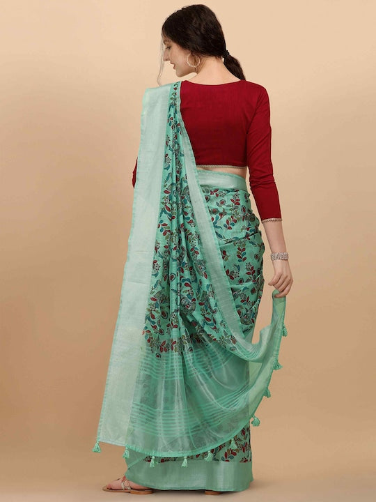 Engrossing Mint Green Colored Printed Linen Saree