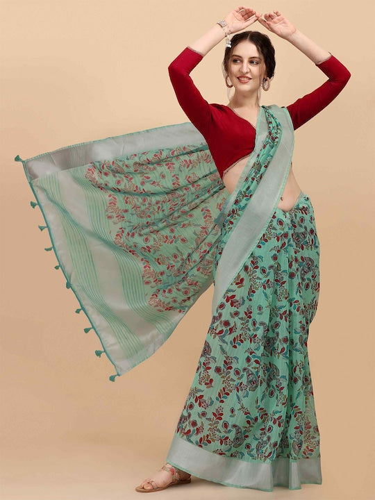 Engrossing Mint Green Colored Printed Linen Saree