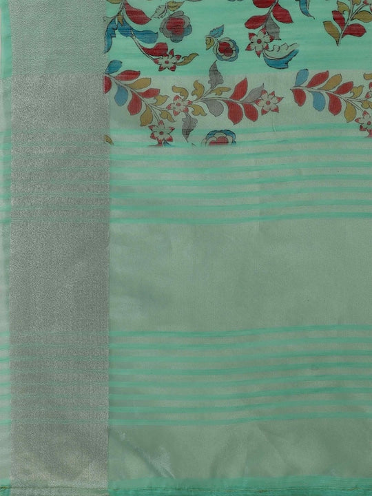 Engrossing Mint Green Colored Printed Linen Saree