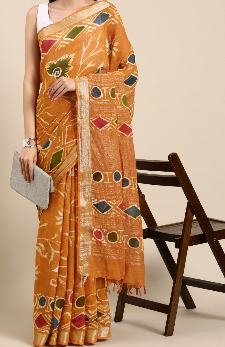 Light Orange Casual Wear Printed Pure Linen Saree , With Blouse Peace