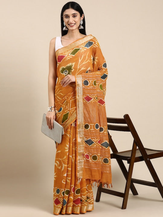 Light Orange Casual Wear Printed Pure Linen Saree , With Blouse Peace