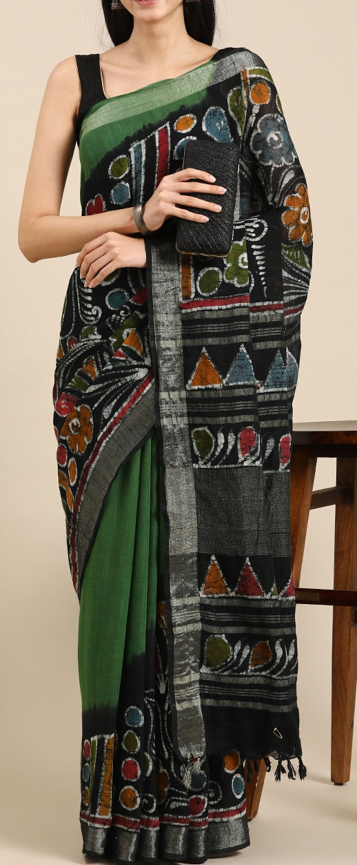 Black And Green Casual Wear Printed Pure Linen Saree , With Blouse Peace