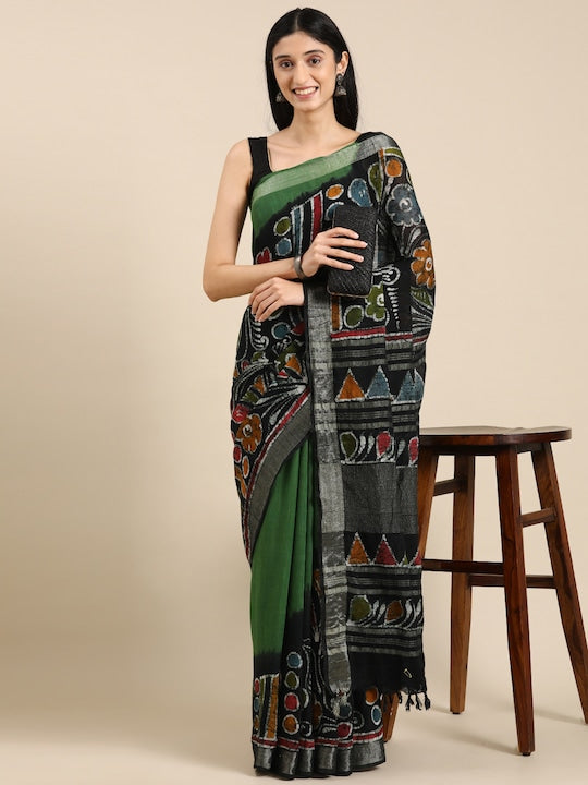 Black And Green Casual Wear Printed Pure Linen Saree , With Blouse Peace