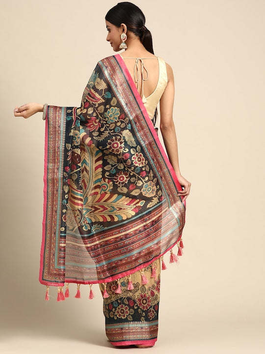 Tan Casual Wear Printed Pure Linen Saree , With Blouse Peace