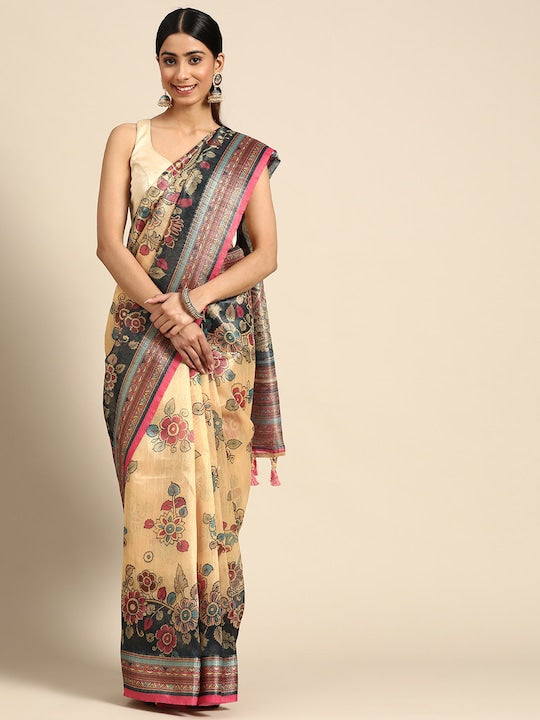 Tan Casual Wear Printed Pure Linen Saree , With Blouse Peace