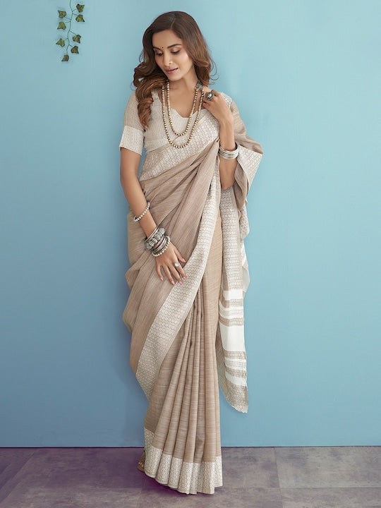 Cream Casual Wear Printed Pure Linen Saree , With Blouse Peace