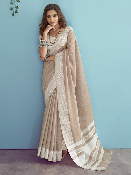 Cream Casual Wear Printed Pure Linen Saree , With Blouse Peace