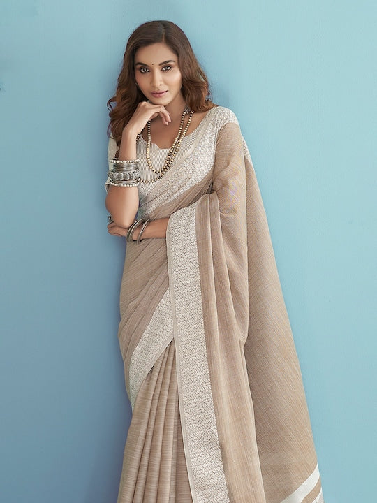 Cream Casual Wear Printed Pure Linen Saree , With Blouse Peace