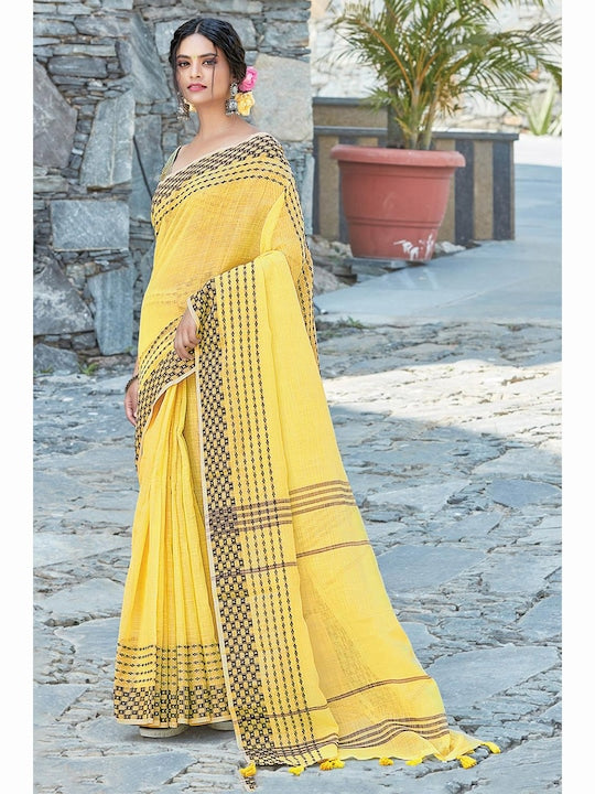 Yellow Casual Wear Printed Pure Linen Saree , With Blouse Peace