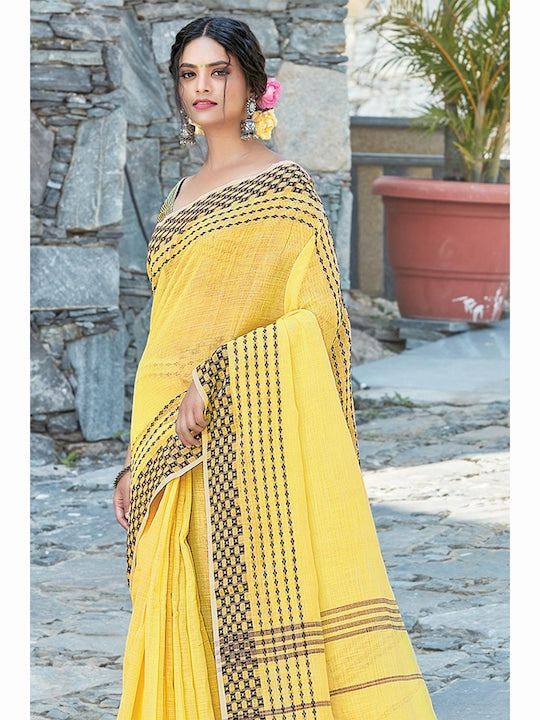 Yellow Casual Wear Printed Pure Linen Saree , With Blouse Peace