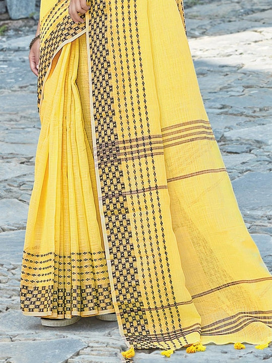 Yellow Casual Wear Printed Pure Linen Saree , With Blouse Peace