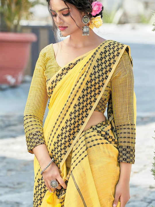 Yellow Casual Wear Printed Pure Linen Saree , With Blouse Peace